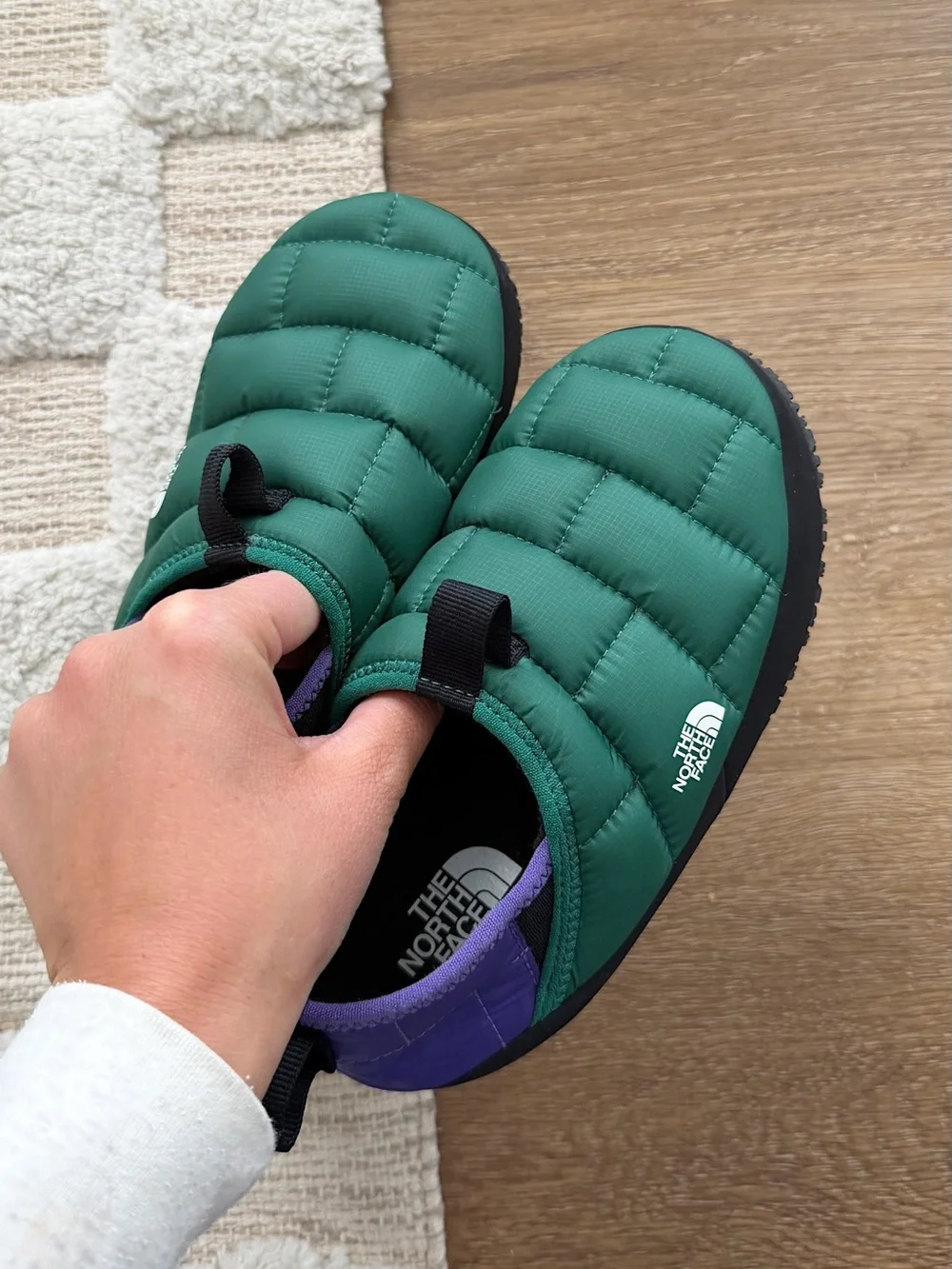 North Face Thermoball Traction Mule II Camp Booties in Evergreen / Peak Purple